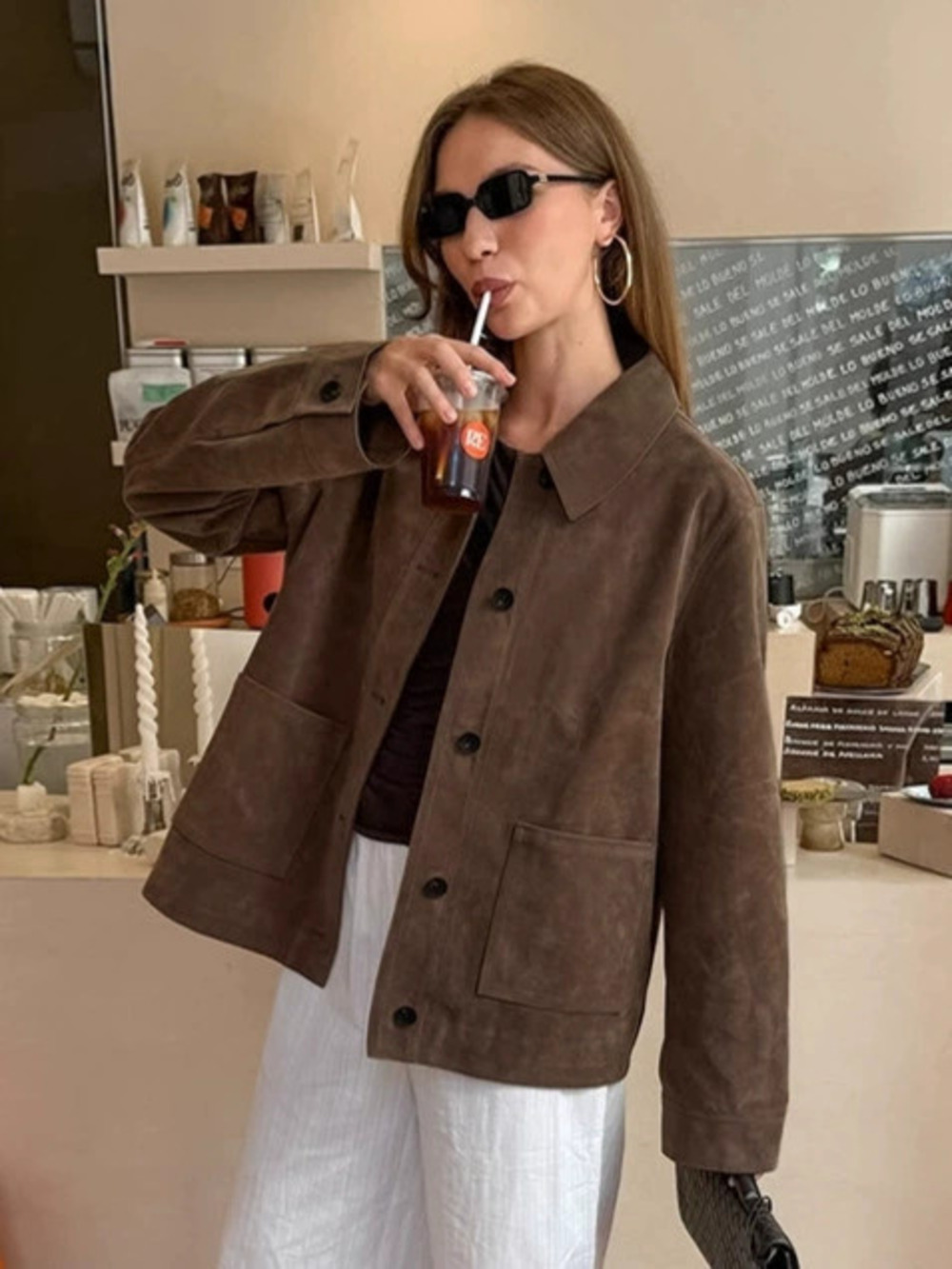 Forever 21 Retro Brown Suede Coat Fall Winter Casual Lapel Collar